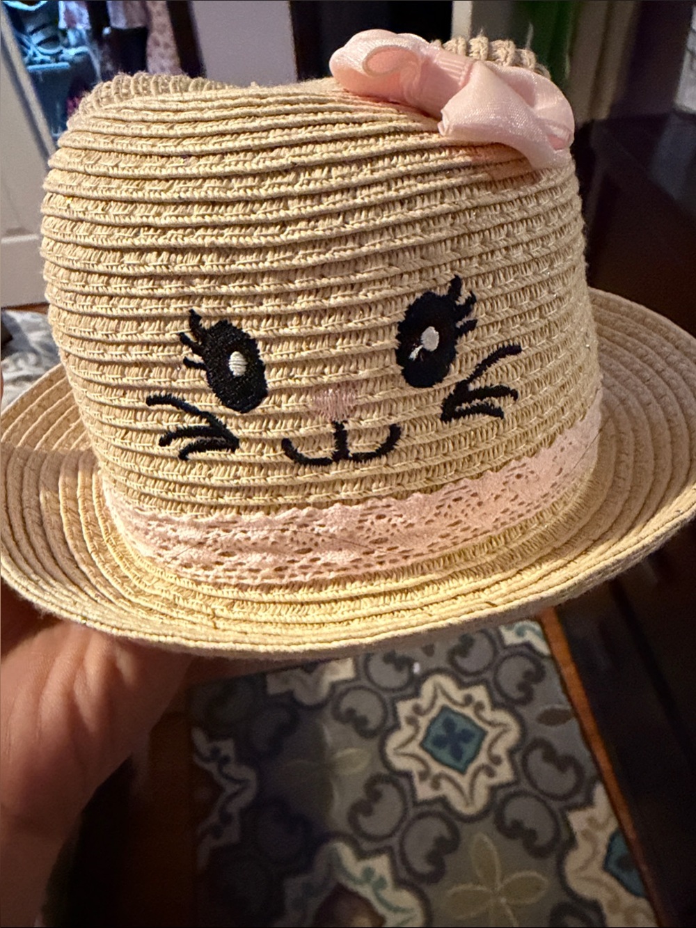 Cute Beige Straw Kids Hat with Pink Bow and Face Embroidery